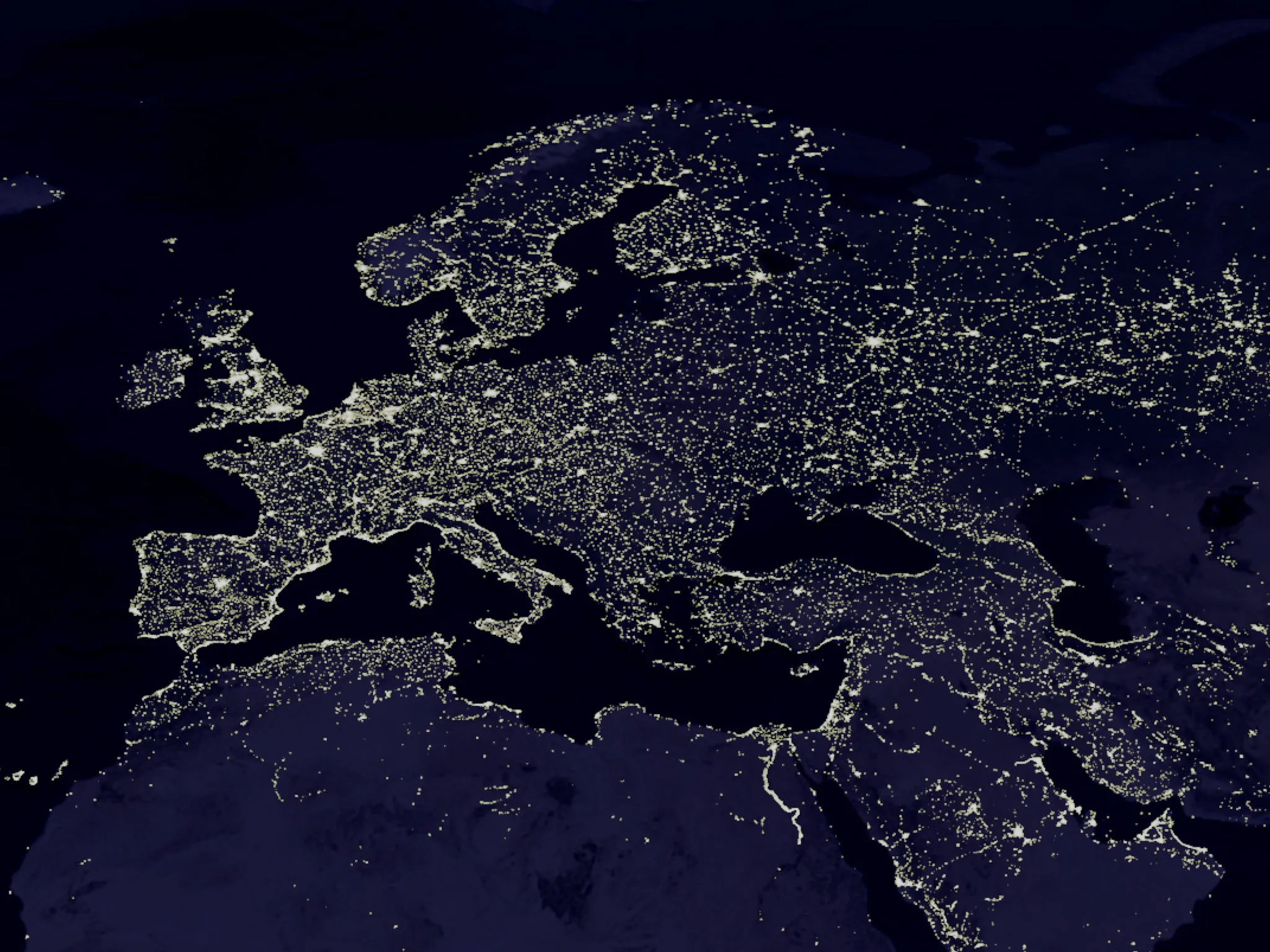 A photo of Europe at night taken from space